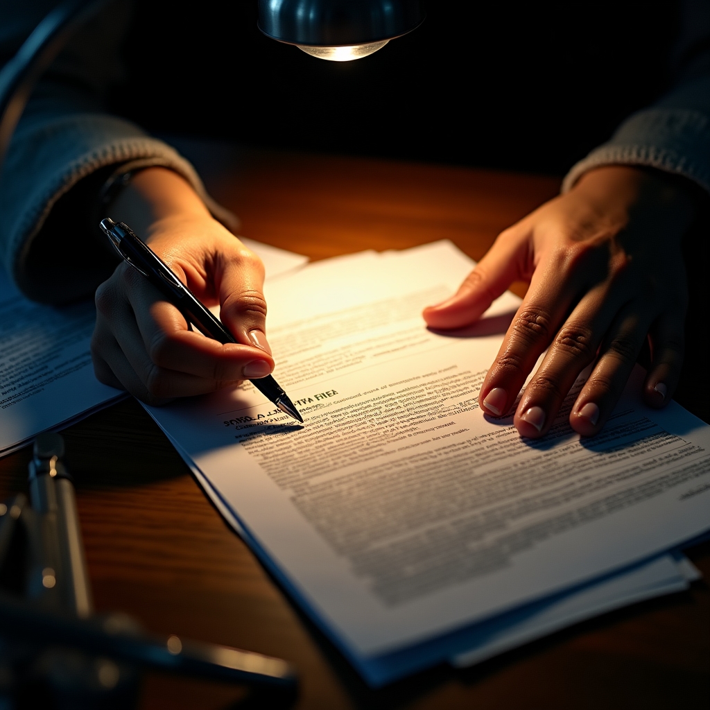 Person studying financial documents and consumer rights materials